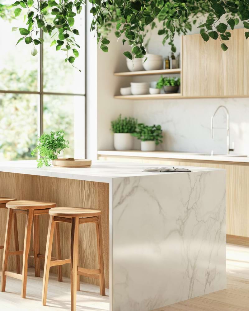 Elegant kitchen marble countertop with grey veins