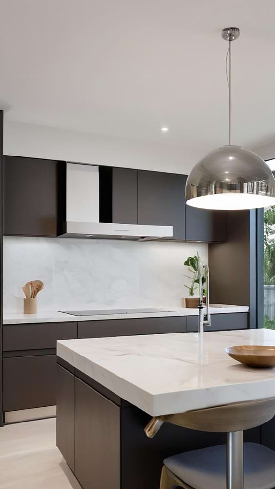 Light kitchen stone countertop with city view