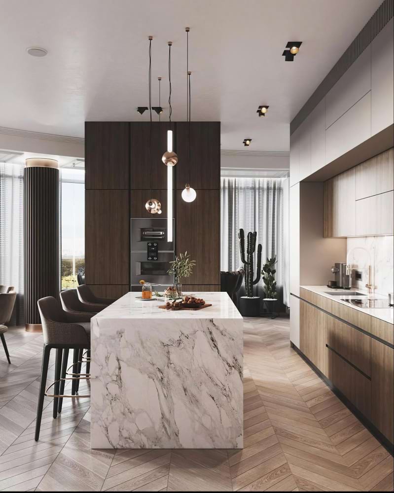 Classic kitchen marble countertop dark cabinets