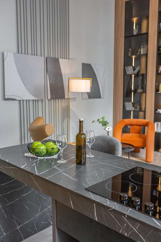 Open plan kitchen stone countertop grey