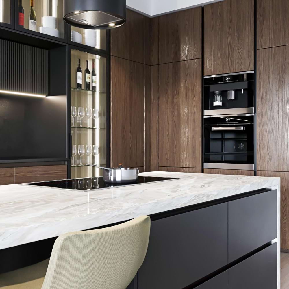 Dark kitchen marble island with backsplash