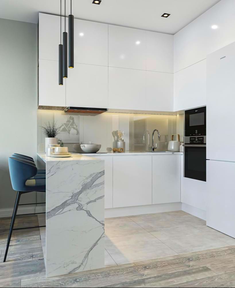 Warm kitchen stone countertop brass accents