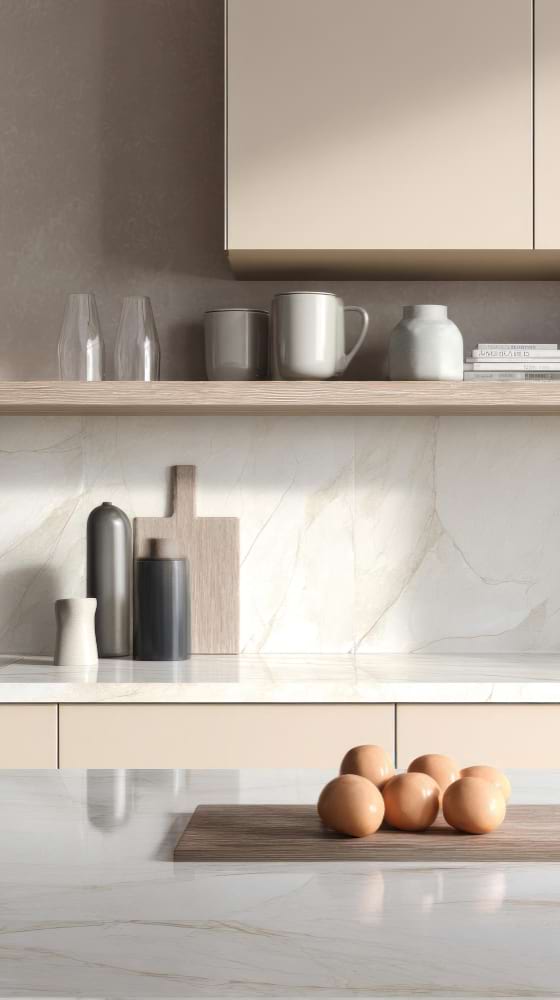 Neutral kitchen stone countertop patterned