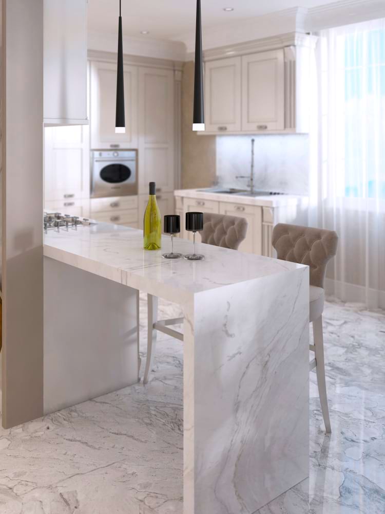 Elegant kitchen stone surface navy cabinets