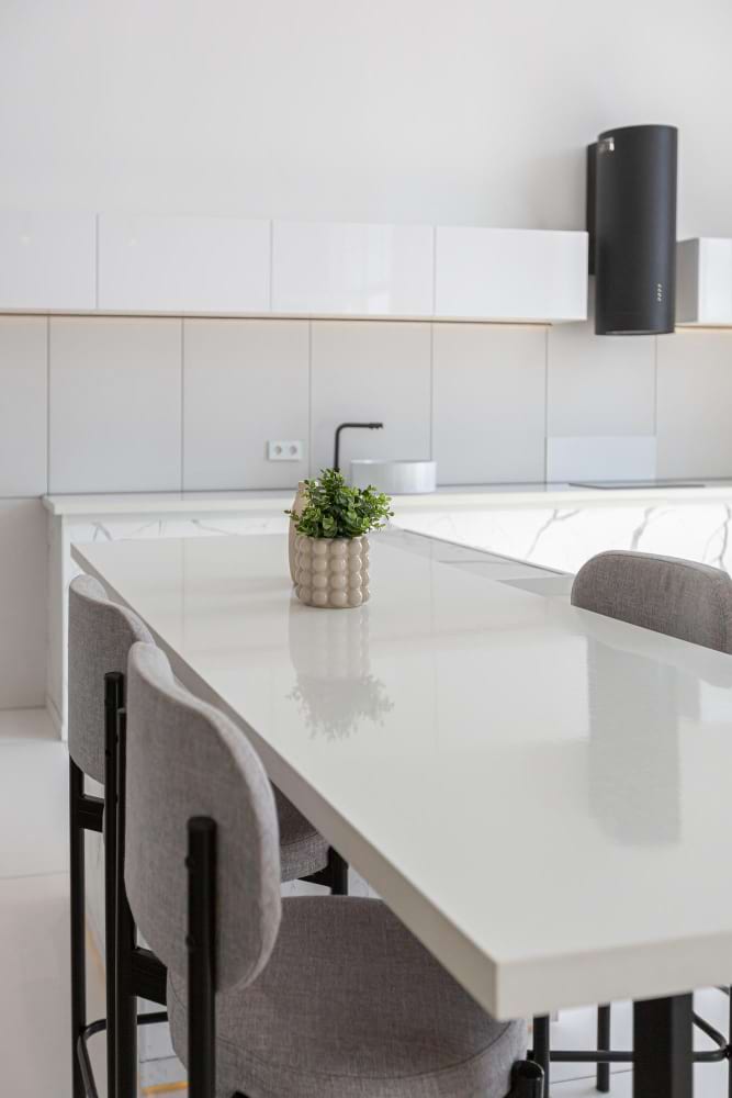 Light stone kitchen countertop dark contrast