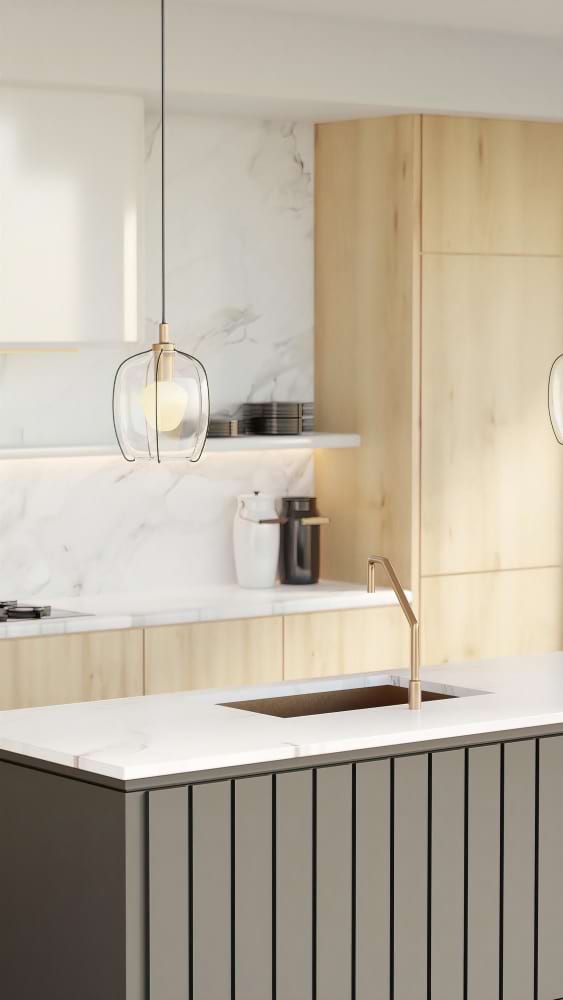 Modern kitchen stone island focus bright