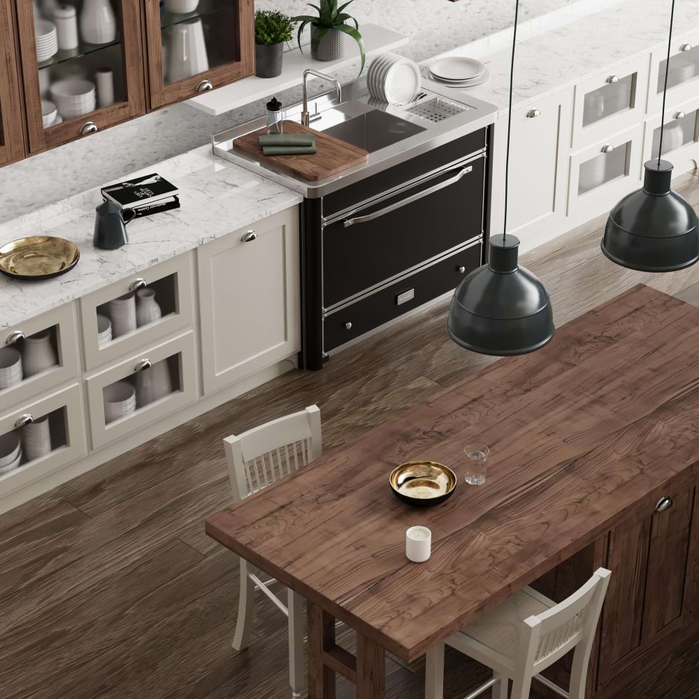 Balanced modern kitchen stone island wood look