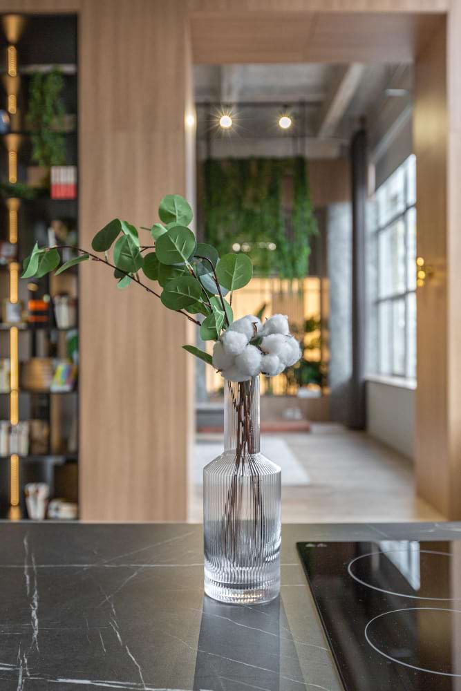 Modern kitchen stone island arrangement brass