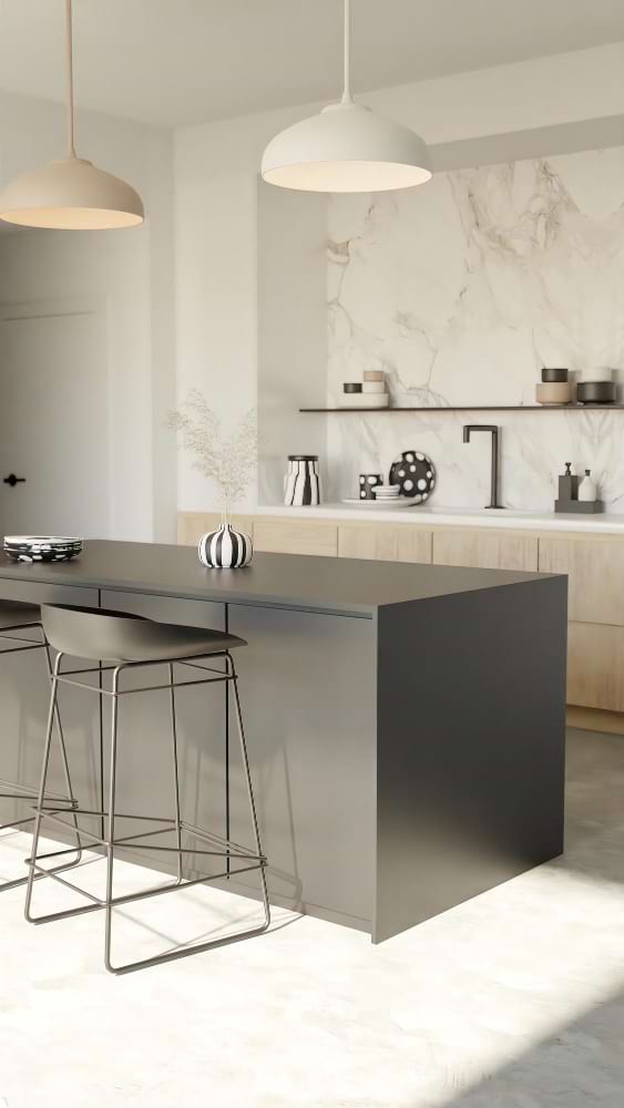 Refined modern kitchen stone countertop veined