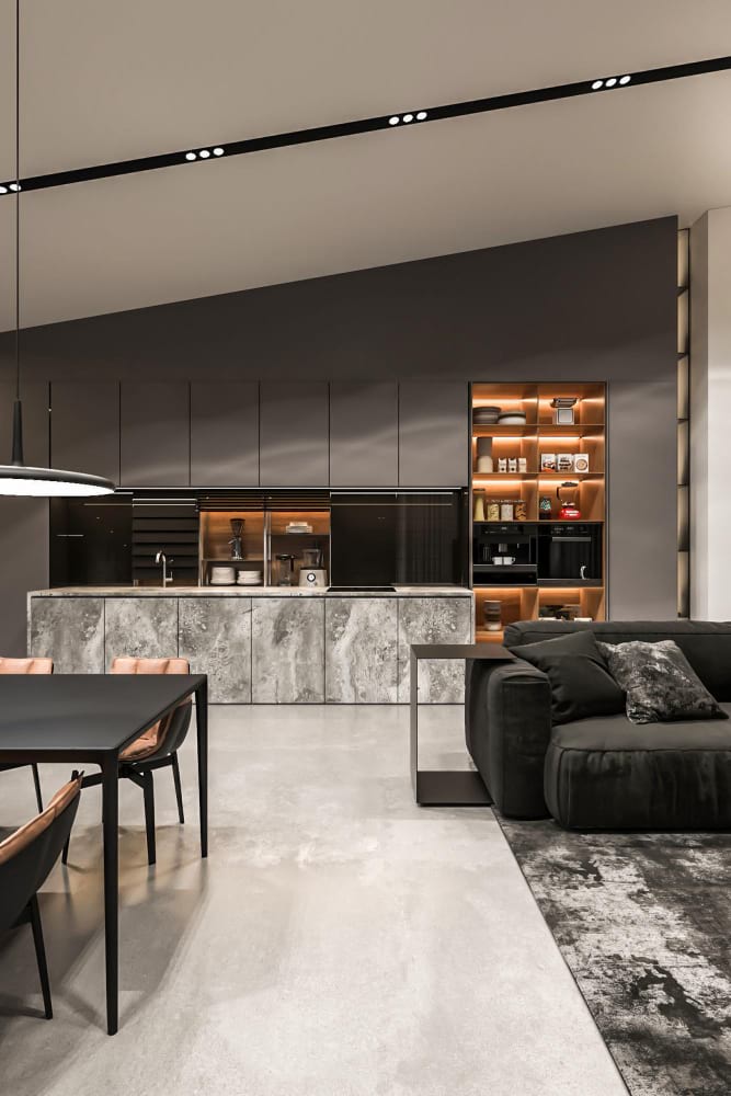 Modern kitchen stone island concept blue